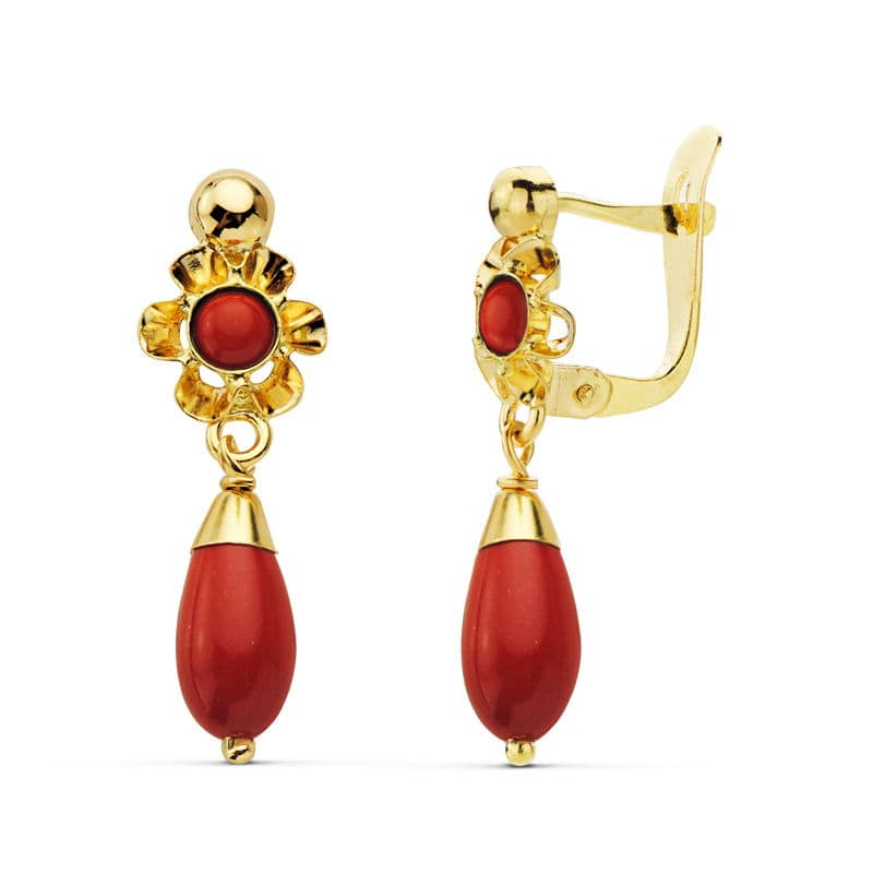 Pendientes Coral/Turquesa/Blanco en Oro 18 Ktes