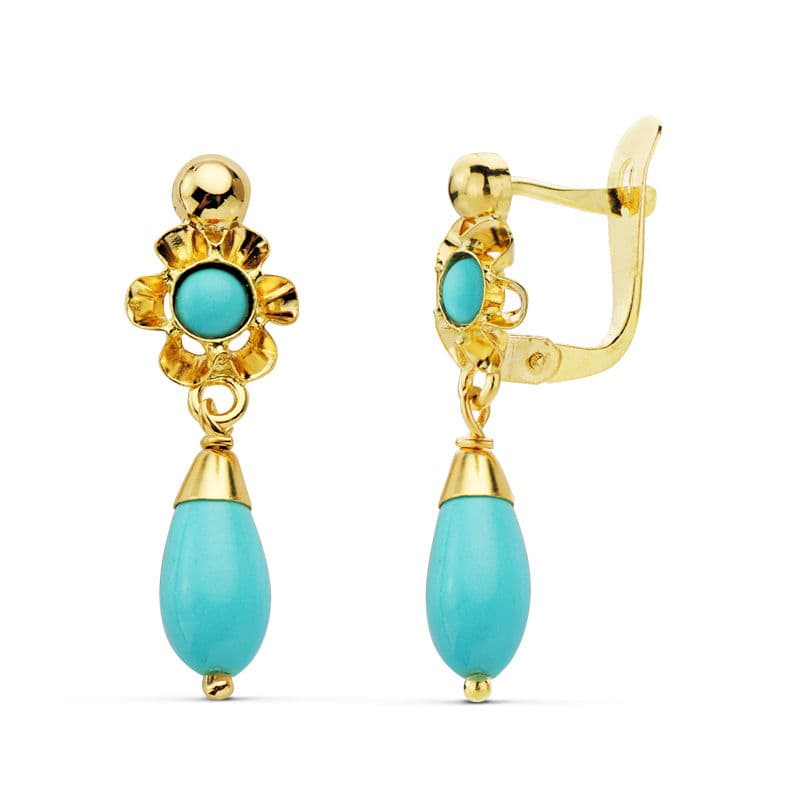 Pendientes Coral/Turquesa/Blanco en Oro 18 Ktes