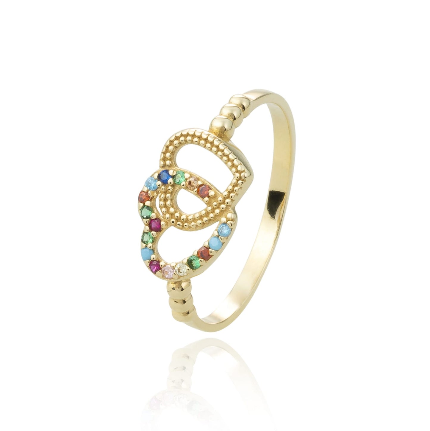 Anillo DOBLE CORAZÓN con Circonitas de Color en Oro de 18 Ktes.