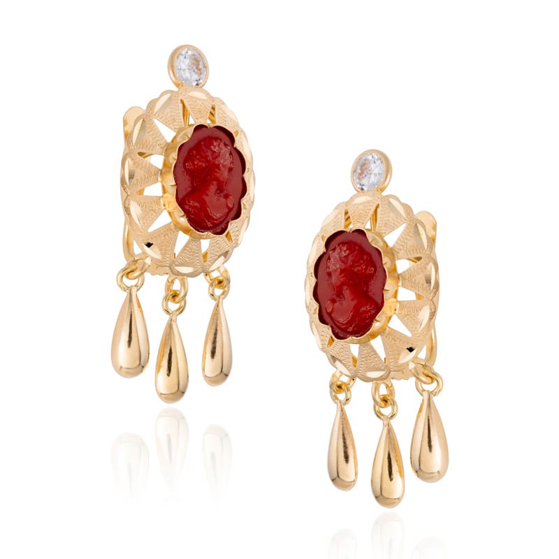 Pendientes Coral/Turquesa y Circonitas en Oro de 18 Ktes.
