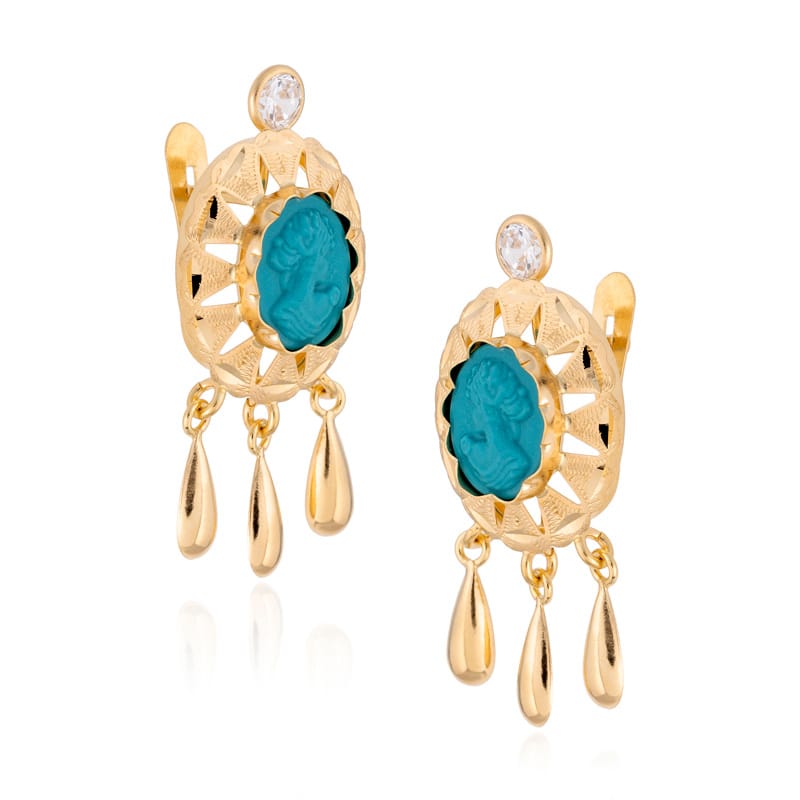 Pendientes Coral/Turquesa y Circonitas en Oro de 18 Ktes.