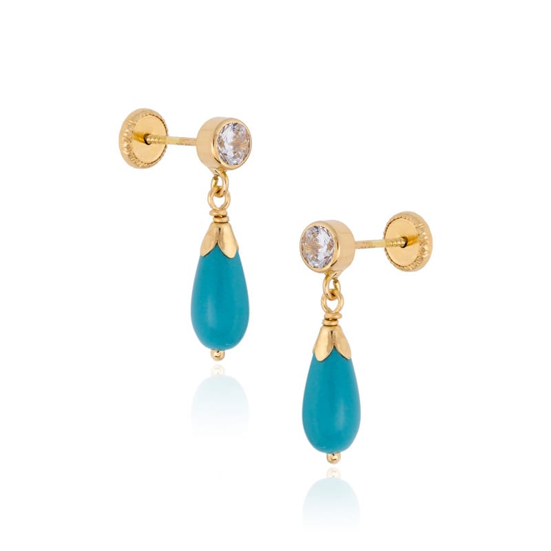 Pendientes Coral/Turquesa y Circonitas en Oro de 18 Ktes.