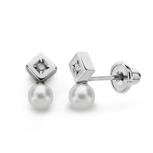 Pendientes Oro Blanco 18 Ktes. Perla Y Diamantes Talla Brillante 0.012 Qts