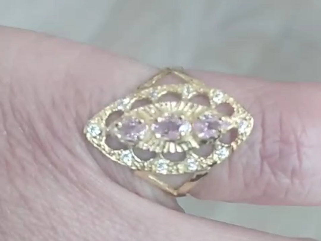 Anillo Lanzadera Piedras Rosa Francia o Agua Marina y Circonitas en Oro de 18 Ktes.