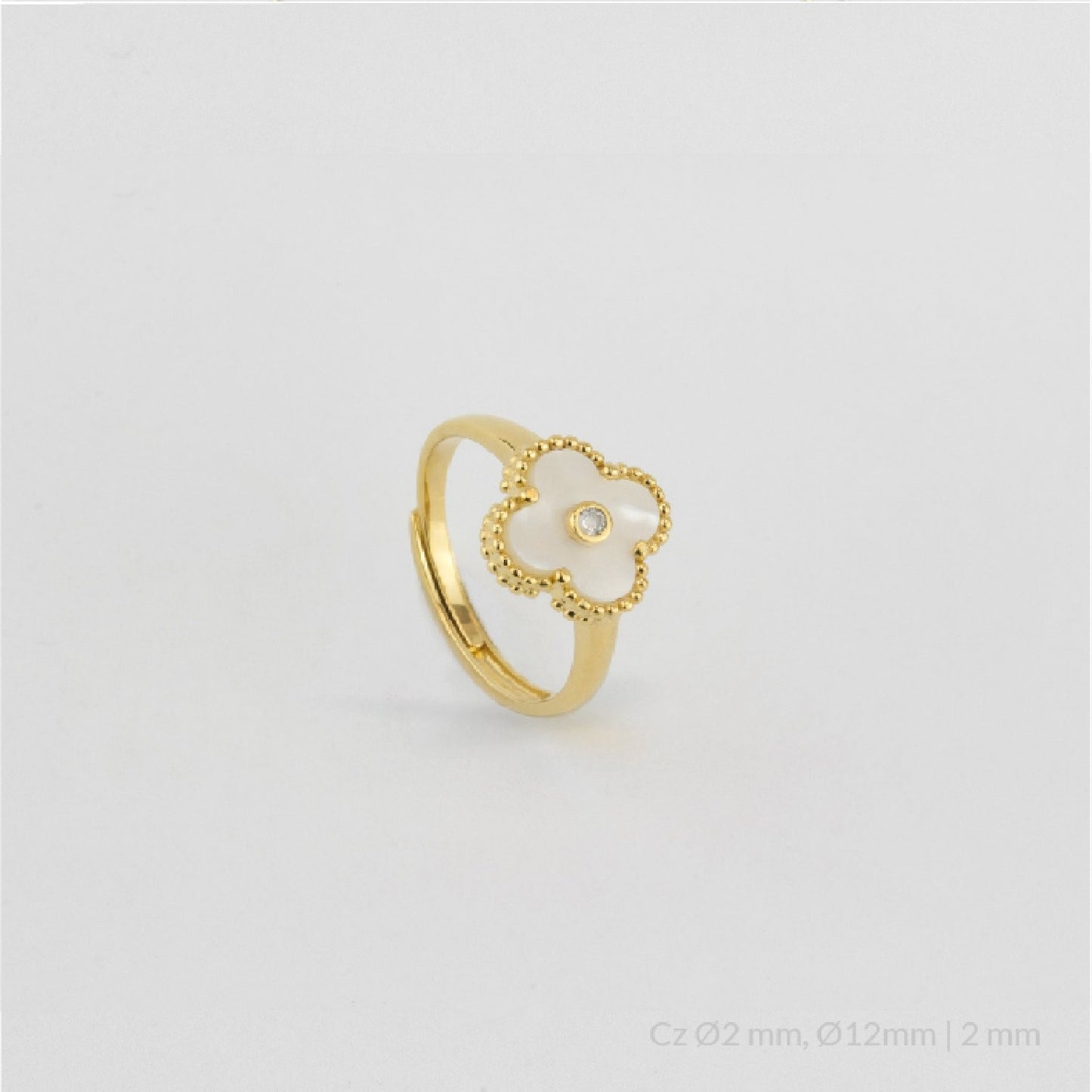 Anillo de Plata de Ley chapado en oro con flor en nácar y circonita blanca
