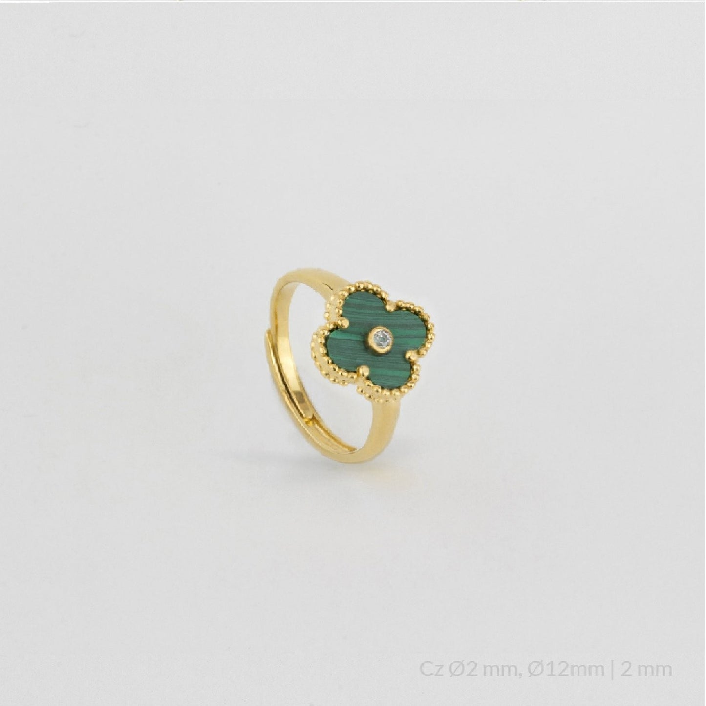 Anillo de Plata de Ley chapado en oro con flor en malaquita y circonita blanca