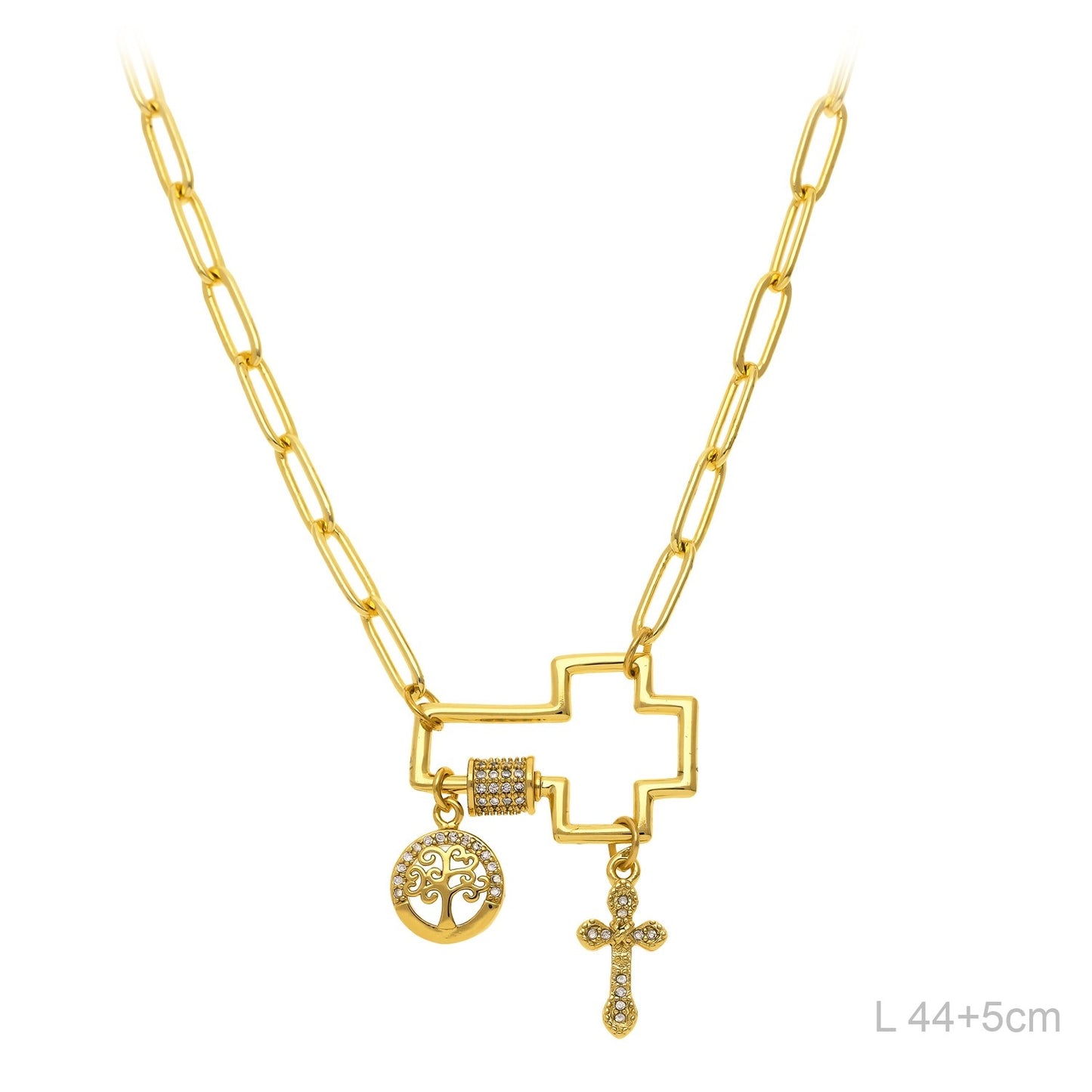 Collar Latón Chapado en Oro Cruz con Árbol del la vida