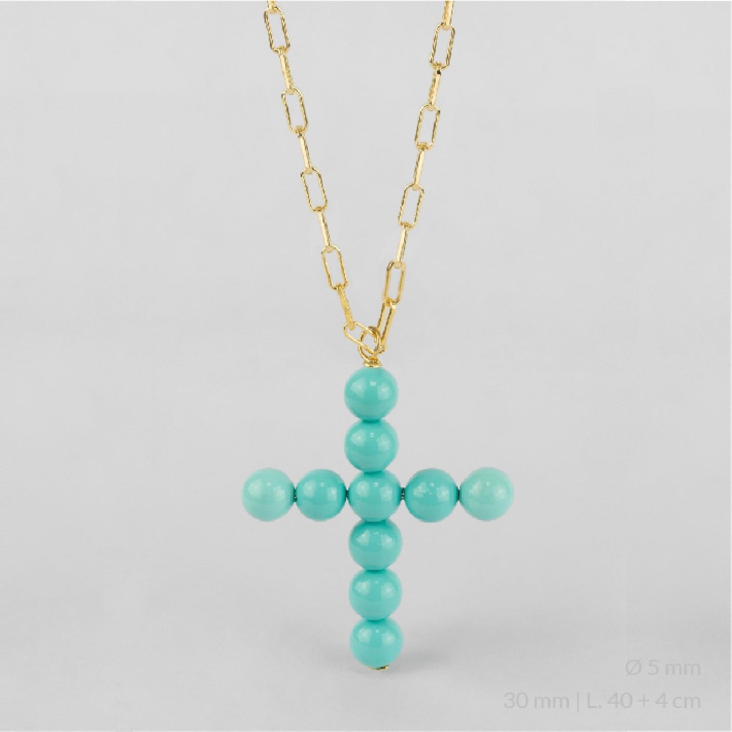 Gargantilla de Plata de Ley chapada en oro con cruz de perlas de color turquesa