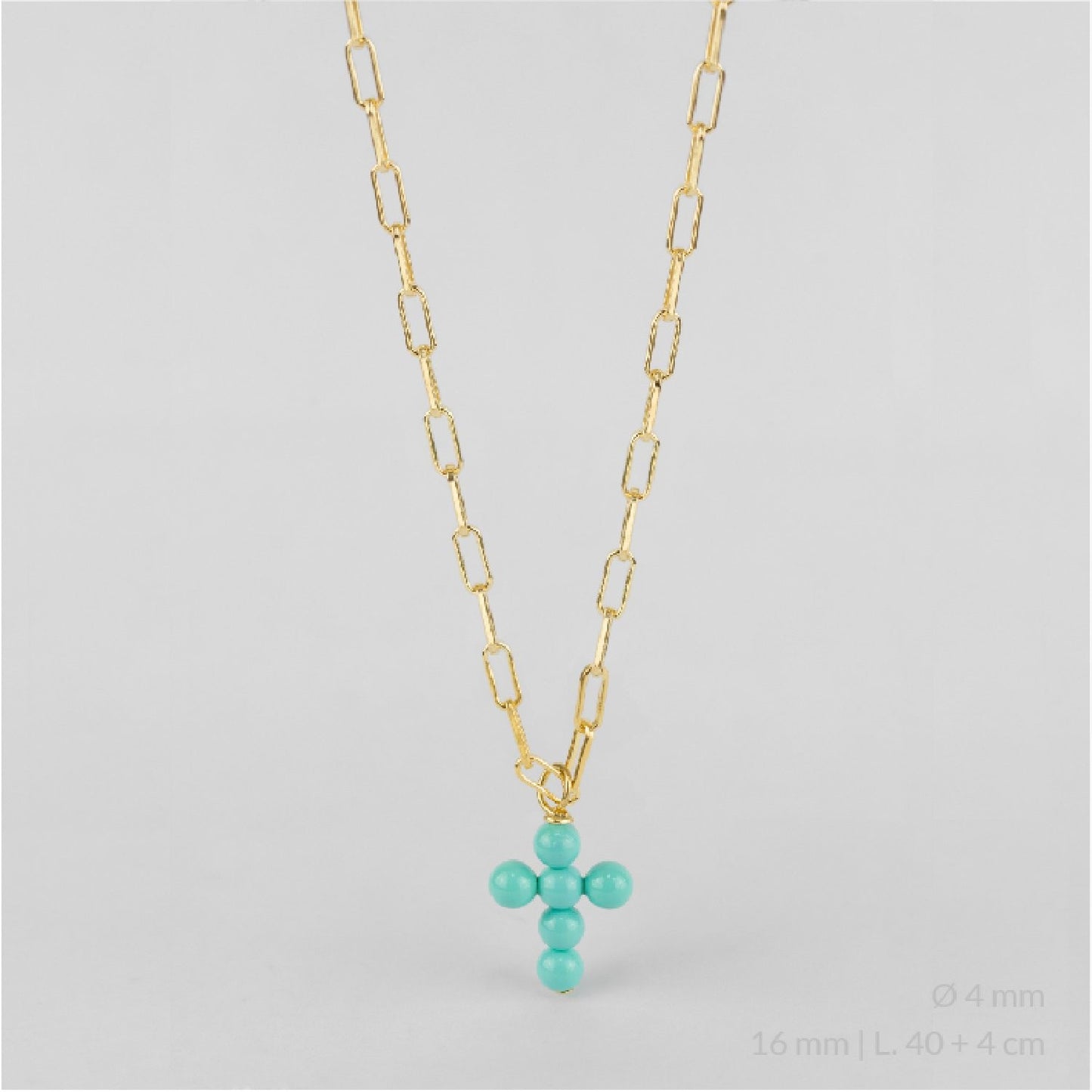 Gargantilla de Plata de Ley chapada en oro con cruz de perlas de color turquesa