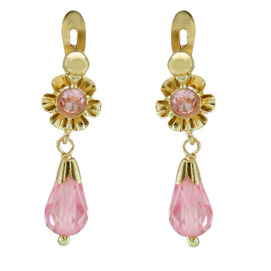 Pendientes Niña Piedra Rosa Francia en Oro 18ktes.