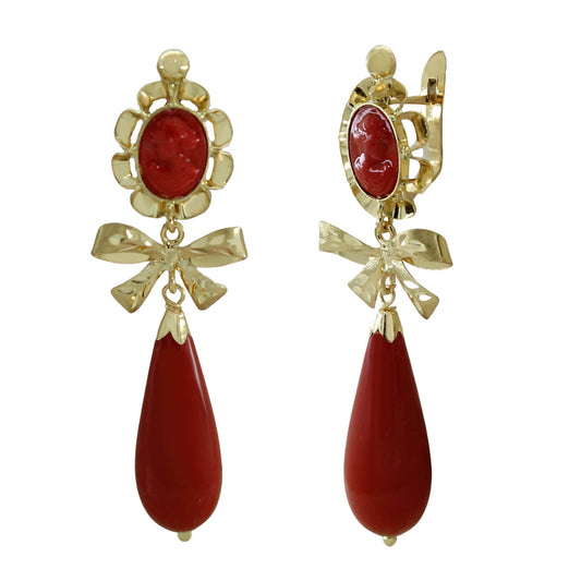 Pendientes Coral/Turquesa/Blanco Lazo Oro 18 Ktes