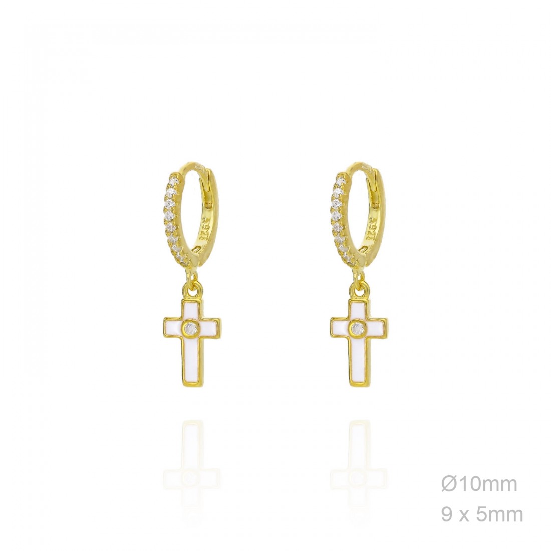 Pendientes Aro Dorado Esmalte Blanco Cruz Circ