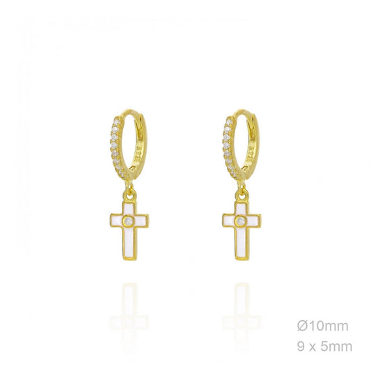 Pendientes Aro Dorado Esmalte Blanco Cruz Circ