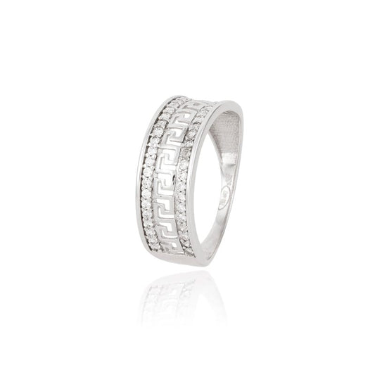 Anillo Grecas y Circonitas en Oro Blanco de 18 Ktes.