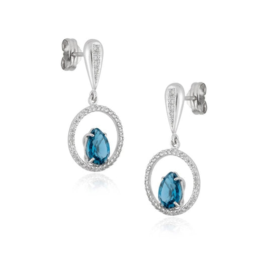 Pendientes Circonitas y Topacio Azul en garras en Oro Blanco de 18Ktes.