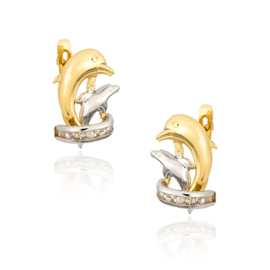 Pendientes Delfines con Circonitas en Oro Bicolor de 18 Ktes.