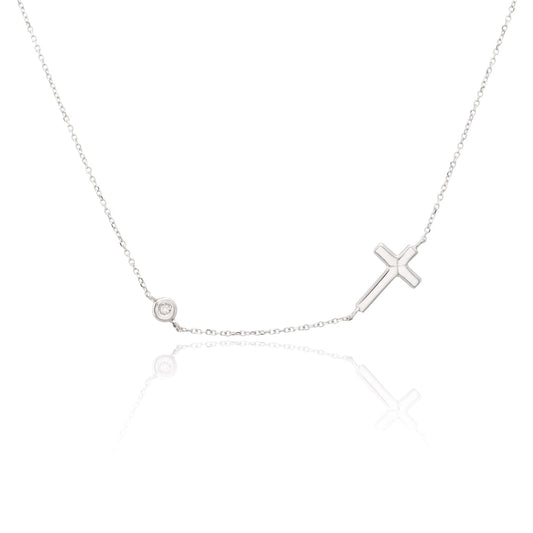 Gargantilla Cruz y Chatón con Diamante en Oro Blanco de 18 Ktes.