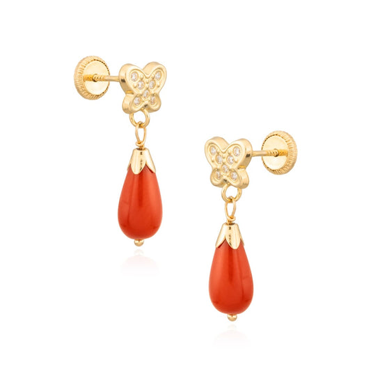 Pendientes Coral/Turquesa y Circonitas en Oro de 18 Ktes.