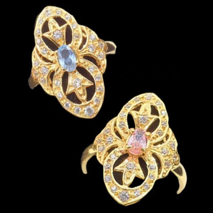 Anillo Lanzadera Piedra Rosa de Francia / Agua Marina con Circonitas en Oro de 18 Ktes.