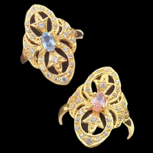 Anillo Lanzadera Piedra Rosa de Francia / Agua Marina con Circonitas en Oro de 18 Ktes.