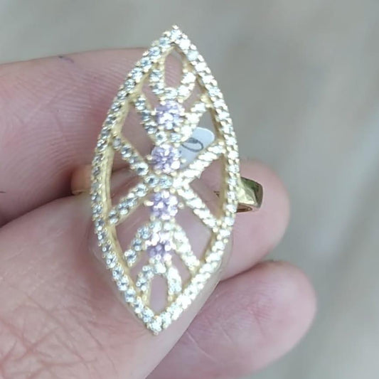 Anillo Lanzadera Piedras Rosa Francia y Circonitas en Oro de 18 Ktes.