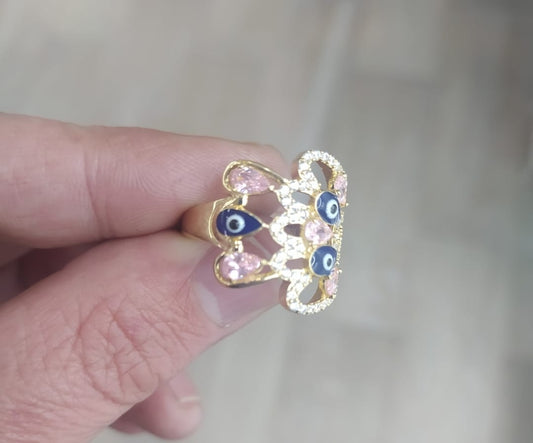 Anillo Piedras Rosas y Ojo Turco en Oro 18 Ktes.