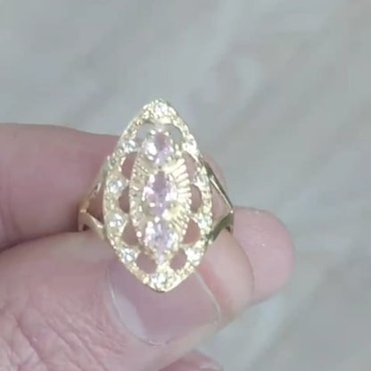 Anillo Lanzadera Piedras Rosa Francia o Agua Marina y Circonitas en Oro de 18 Ktes.