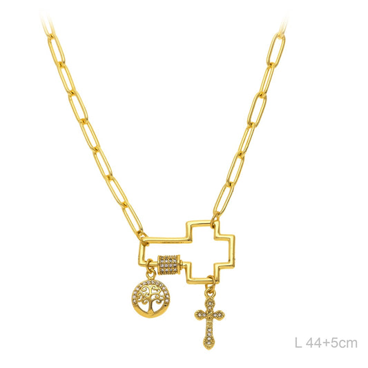 Collar Latón Chapado en Oro Cruz con Árbol del la vida