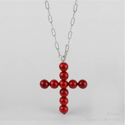 Gargantilla de Plata de Ley con cruz de perlas de color coral