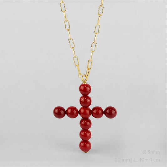 Gargantilla de Plata de Ley chapada en oro con cruz de perlas de color coral