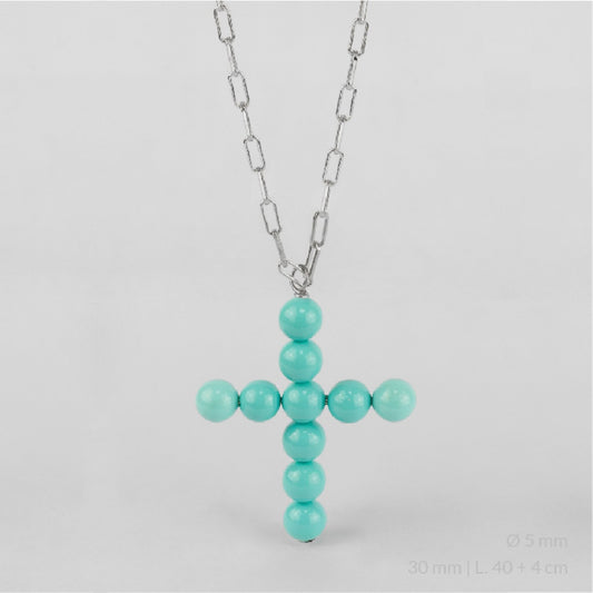 Gargantilla de Plata de Ley con cruz de perlas de color turquesa