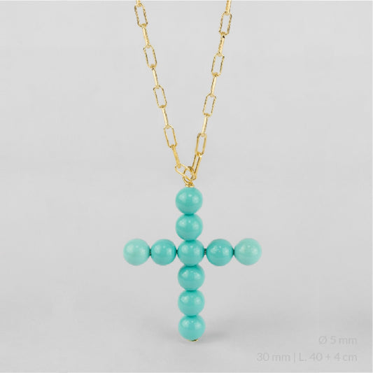 Gargantilla de Plata de Ley chapada en oro con cruz de perlas de color turquesa