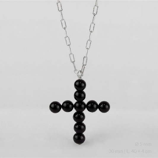 Gargantilla de Plata de Ley con cruz de perlas de color ónix