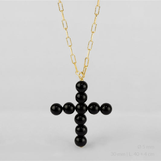 Gargantilla de Plata de Ley chapada en oro con cruz de perlas de color ónix.