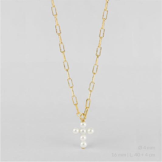 Gargantilla de Plata de Ley chapada en oro con cruz de perlas