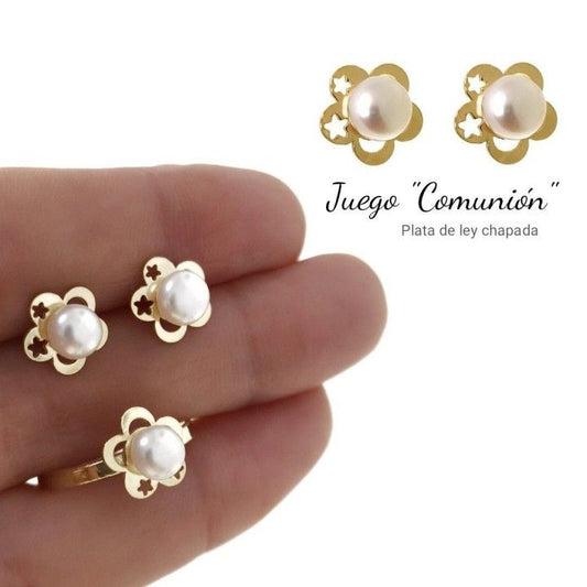 Juego Perla Flor Comunión Chapado