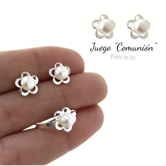Juego Perla Flor Comunión en Plata de Ley