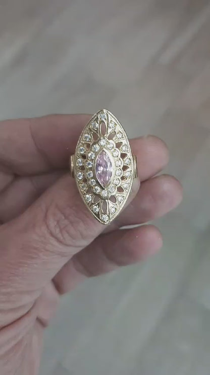 Anillo Lanzadera Circonitas con Piedra Rosa Francia en Oro 18 Ktes.