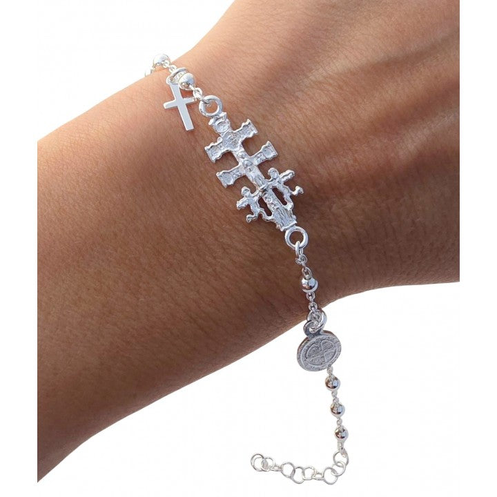 Pulsera cruz de Caravaca , San Benito y Cruz en Plata de Ley