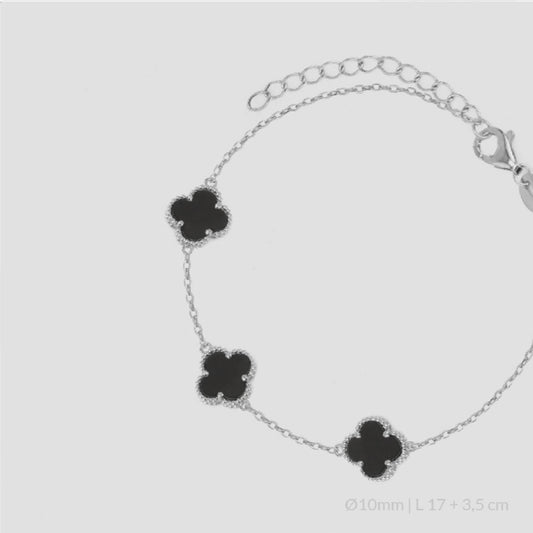 Pulsera de Plata de Ley con tres flores en ónix negro