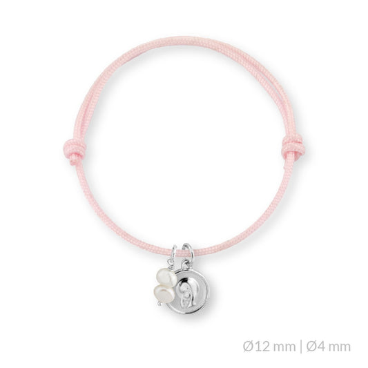 Pulsera Nudo Corredizo con Perlitas Virgen Niña en Plata de Ley