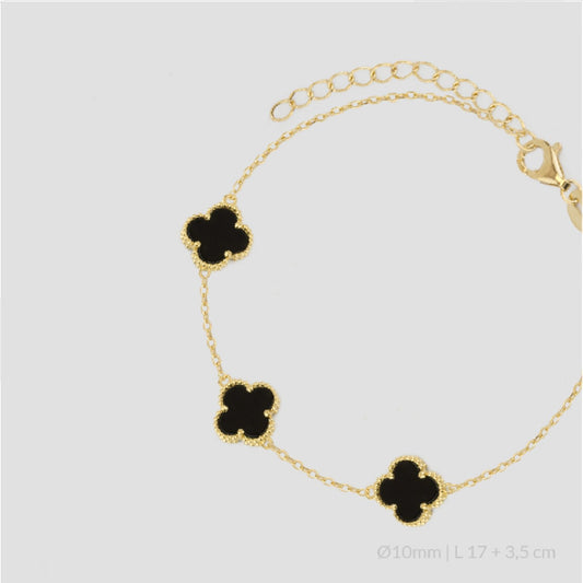 Pulsera de Plata de Ley chapada en oro con tres flores en ónix negro.