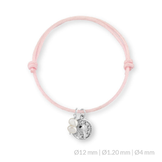 Pulsera Nudo Corredizo con Perlitas Virgen Niña Circonitas en Plata de Ley