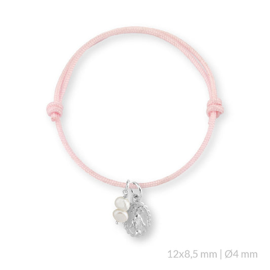 Pulsera Nudo Corredizo con Perlitas Virgen Milagrosa en Plata de Ley