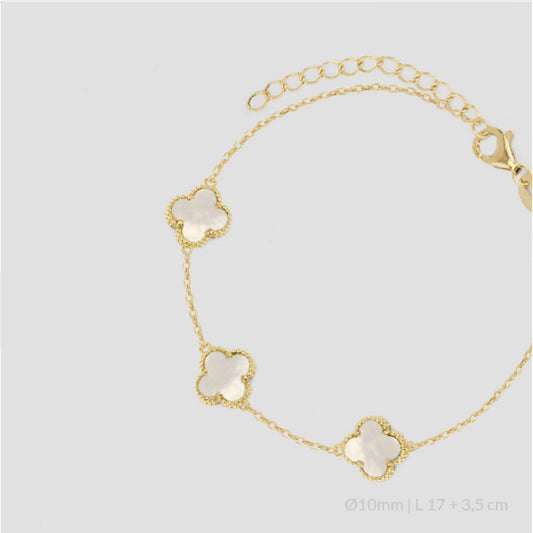 Pulsera de Plata de Ley chapada en oro con tres flores en nácar