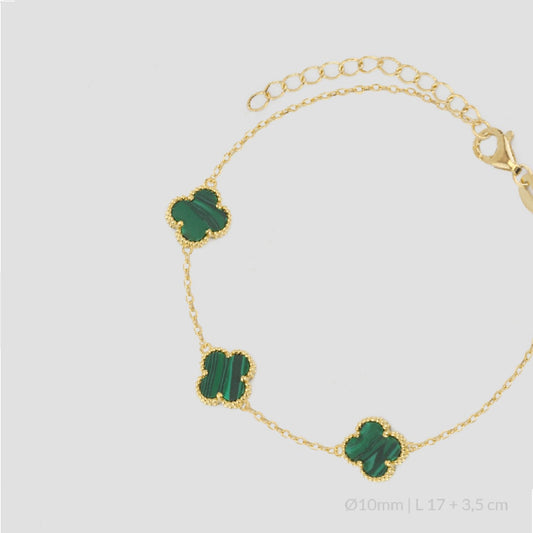 Pulsera de Plata de Ley chapada en oro con tres flores en malaquita