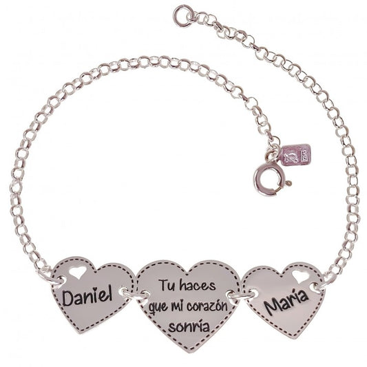 Pulsera Personalizada Corazones Mensaje en Plata de Ley